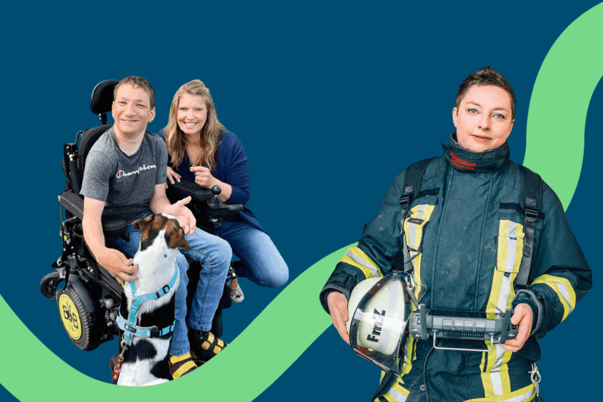Eine Frau in Feuerwehr-Schutzkleidung und eine Frau mit jungen Mann im Rollstuhl .